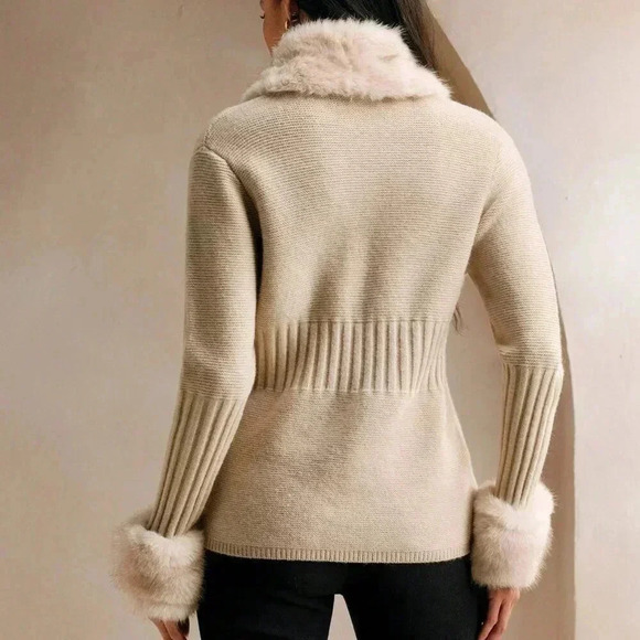 Khaki Casual Women's Elegant Faux Fur Knitted Cardigan Sweater - Picture 8 of 8